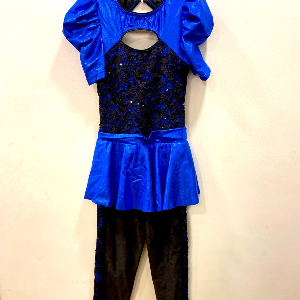 Dance recital one piece top and pants set. shimmery blue and black with sequins